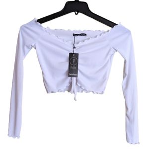 Boohoo Top White Off The Shoulders Cropped Ruched Front Rib Knit Lettuce…